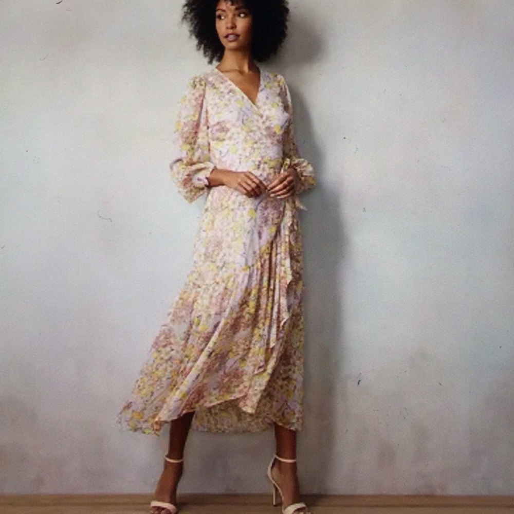 Floral Wrap Midi Dress in Yellow and Cream Size M